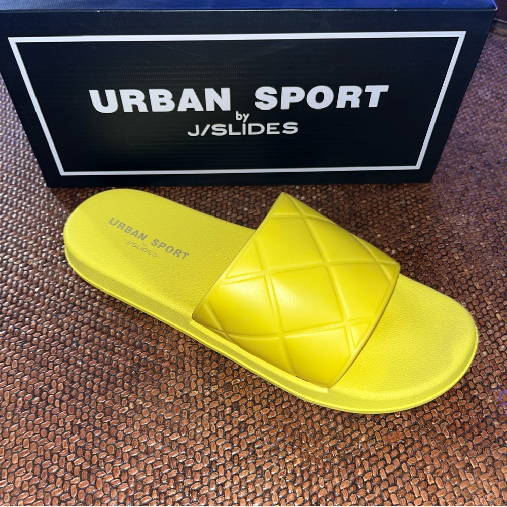 J/Slides Yellow Fabio Slide Sandals Women’s Size 10 Quilted look on foot strap